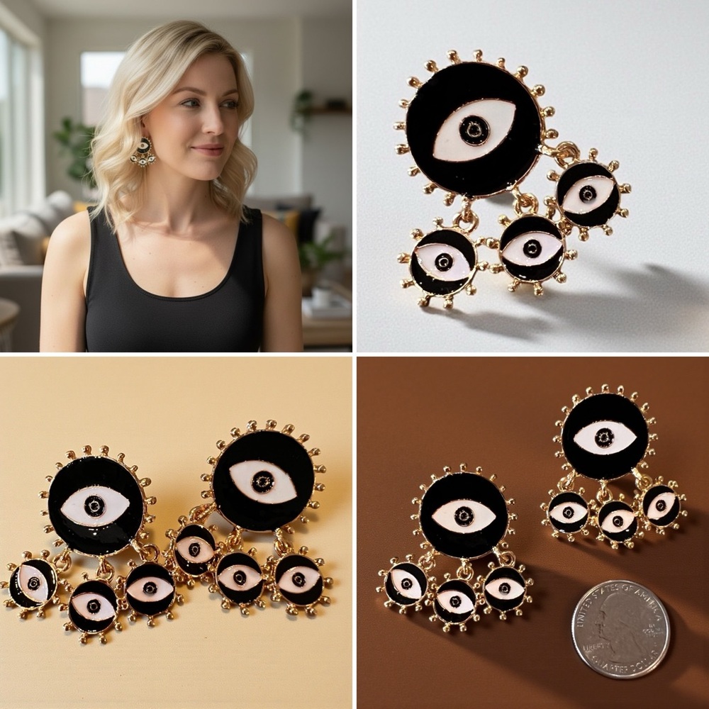 Chic Black and Gold Toned Evil Eye Dangling Earrings - Picture 17 of 17